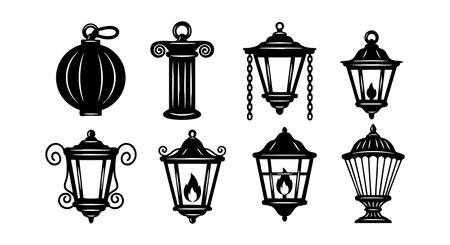 This vector file displays a variety of vintage and classic black silhouette lanterns and lamps, perfect for decoration and lighting design projects, creating a timeless and elegant mood.のイラスト素材
