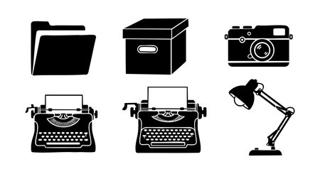 Black and white vector icons show vintage office equipment including folder, box, camera, typewriter, and desk lamp. Design is clean and simple. Classic and nostalgic mood.のイラスト素材