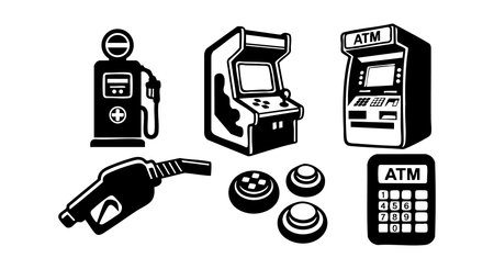 Black and white vector showing retro gas pump, arcade game, ATM machines, gas nozzle, and tokens in a simple flat style. Clean and minimalistic design, neutral mood.のイラスト素材