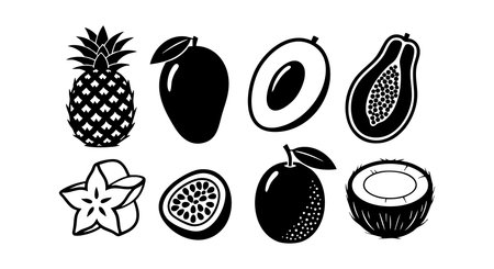 Black and white vector icons featuring stylized tropical fruits including pineapple, mango, avocado, papaya, starfruit, passionfruit, plum, and coconut. Clean and minimal style. Modern mood.のイラスト素材