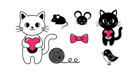 Illustration shows two cats holding hearts, two mice, a bird, yarn ball, and bow tie in a playful cartoon style. The design is simple and charming, evoking joy.のイラスト素材