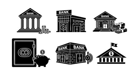 This vector set features classic and modern bank buildings, a piggy bank, safe, and money symbols representing financial and banking concepts in black silhouette style. Clear and professional mood.のイラスト素材