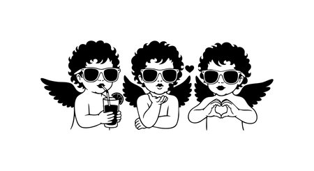 Vector image shows three playful cherub angels wearing sunglasses with wings, each making unique hand gestures in monochrome style. The mood is fun and charming.のイラスト素材
