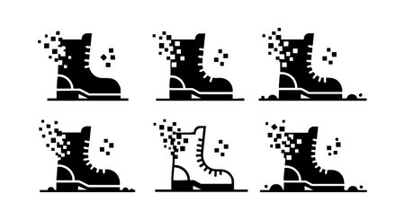 This vector image shows six military boots icons with pixelated disintegration effects in black silhouette style, representing digital transition and fragmentation. Modern and dynamic mood.のイラスト素材