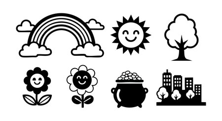 This vector features black nature icons including a rainbow, smiling sun, tree, flowers, and a cityscape with trees, creating a charming and simple natural scene. Cheerful mood.のイラスト素材