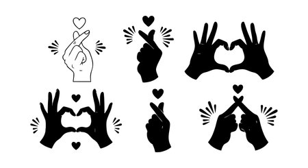 This vector set features six black silhouette hand gestures symbolizing love and affection with hearts and radiant lines. The design presents a clear, bold style, evoking warmth and connection.のイラスト素材