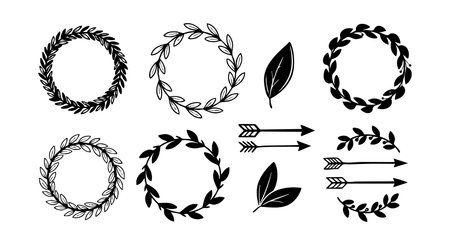 This vector collection features hand drawn black and white laurel wreaths, leaves, and arrows perfect for decorative design projects. The style is simple and elegant, creating a classic mood.のイラスト素材