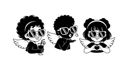 This vector illustration shows three adorable angel children with curly hair and sunglasses making playful gestures in black and white design, conveying a joyful and charming mood.のイラスト素材