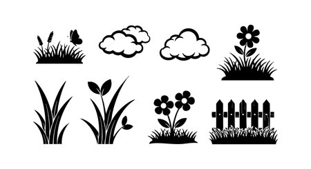 This vector features black silhouettes of grass, flowers, clouds, and a fence, showing nature elements in a simple and clean style. It feels calm and minimalistic.のイラスト素材
