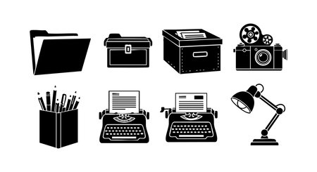This vector set features office and creative tools such as folders, briefcases, file boxes, cameras, pencils, typewriters, and desk lamps in black silhouette style, ideal for professional design. Modern.のイラスト素材