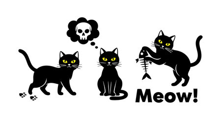 Illustration shows three black cats with bright yellow eyes, one thinking of a skull, another holding fishbone, and the word Meow! in bold black letters. Playful and spooky mood.のイラスト素材