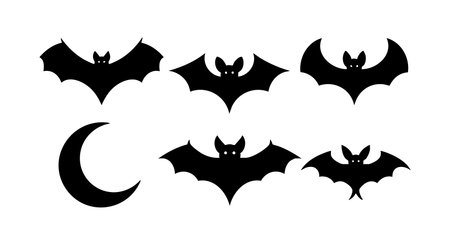 Vector image shows five black bats flying around a crescent moon in simple silhouette style, creating a spooky and eerie Halloween night mood.のイラスト素材