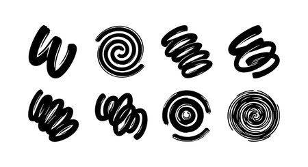 This vector file shows a collection of black brush stroke shapes including spirals and swirls, perfect for adding artistic flair and dynamic movement to designs. Creative and abundant.のイラスト素材