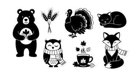 Vector set features autumn forest animals including bear, owl, fox, and turkey, decorated with maple leaves and wearing cozy scarves, creating a warm seasonal atmosphere. Charming and festive.のイラスト素材