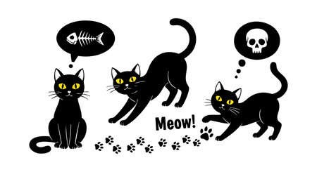 This vector shows three black cats with bright yellow eyes thinking about fish and skull symbols. Their playful poses and footprints create a fun and whimsical mood.のイラスト素材