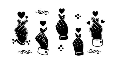 Vector image shows five black hands making finger heart gestures with small hearts and ornamental swirls, rendered in a clean, minimal black and white style. Charming mood.のイラスト素材