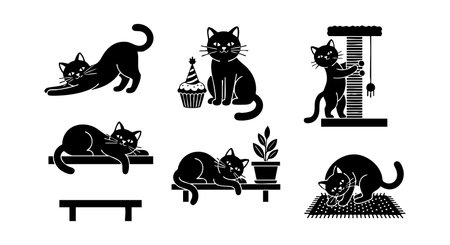 This vector features black cat silhouettes in various playful and resting poses with a cupcake and plant, conveying curiosity and relaxation in a charming style, lighthearted mood.のイラスト素材