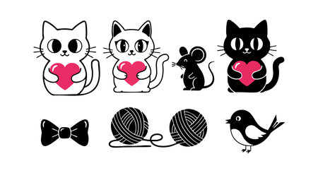 This vector illustration shows three cats holding pink hearts, a black mouse, two balls of yarn, a bow tie, and a small bird in black and white colors. Playful and charming.のイラスト素材