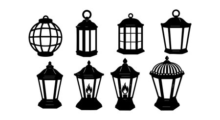 This vector set features nine vintage lantern silhouettes showcasing different classic lamp styles in black and white, perfect for design projects requiring antique or rustic elements. Elegant.のイラスト素材