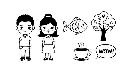 This vector features a boy, girl, fish, tree, steaming cup, and speech bubble saying wow in clean black and white line art, conveying playful and simple charm. Cheerful mood.のイラスト素材