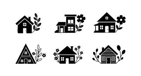 Vector illustration shows six different house icons combined with floral elements in black silhouette style, presenting home and nature themes. Calm mood.のイラスト素材