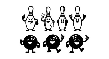 Vector illustration shows bowling pins and balls as happy cartoon characters smiling and waving in black and white style, playful mood.のイラスト素材