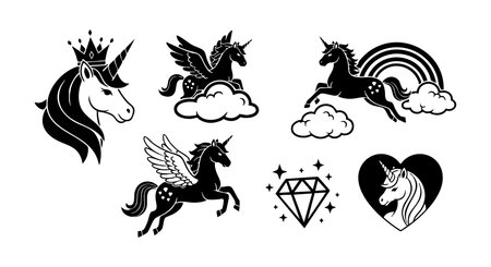 Vector illustration of unicorns and pegasi with a crown, rainbow, clouds, and a diamond in a black silhouette style, magical and whimsical.のイラスト素材