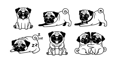 Vector illustration showing pug dogs in sitting, stretching, sleeping, smiling, and hugging poses with playful and cute mood.のイラスト素材