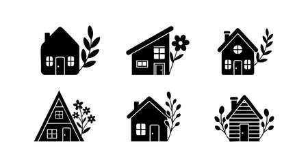 Vector set of small cozy house icons combined with floral elements for creative design and illustration work, simple and charming style, calm mood.のイラスト素材