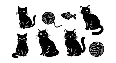 This vector shows six black cats, two yarn balls, and a fish in a playful pet theme with clean black silhouettes, creating a fun and lively mood.のイラスト素材