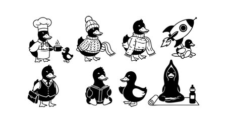 This vector illustration shows cartoon duck characters dressed in different costumes and performing various activities in black and white style, playful and creative.のイラスト素材