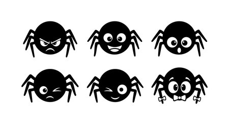 This vector shows six spider icons displaying different facial expressions and emotions in black silhouette style, creating a playful and fun mood.のイラスト素材