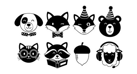 This vector illustration shows black and white animal faces with party hats and accessories, creating a playful and festive mood.のイラスト素材