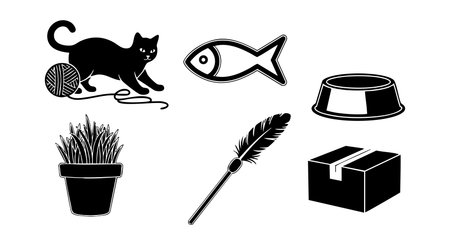 Vector icons show a playful cat, yarn ball, fish, bowl, plant, feather, and box in simple black style. Calm and minimalistic.のイラスト素材