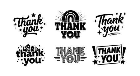 Vector collection features six black and white thank you text designs with stars and stripes, simple and elegant style, friendly mood.のイラスト素材