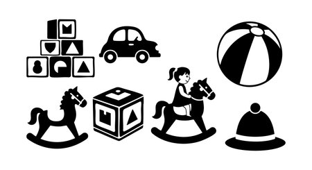 Vector set displays childrens toys including blocks, rocking horses, ball, and hat in black silhouette style for playful, nostalgic mood.のイラスト素材