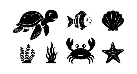 Vector illustration shows marine animals and underwater sea life including turtle, crab, fish, starfish, and shells in black silhouette. Calm mood.のイラスト素材