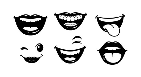 Vector set of six smiling mouth expressions including winks and tongue out, showing playful and happy moods. Cheerful illustration.のイラスト素材