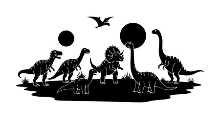 This vector shows black silhouettes of diverse dinosaurs and a flying pterosaur over grassy terrain, creating a prehistoric and mysterious scene. Calm mood.のイラスト素材