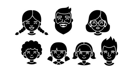 This vector illustration shows diverse happy people faces with various hairstyles and smiling expressions, conveying friendliness and positivity. Cheerful mood.のイラスト素材