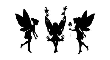This vector shows three fairy silhouettes with wings, a swing, and a star wand in black and white, conveying a whimsical and magical mood.のイラスト素材