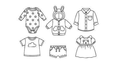 This vector illustration features a baby clothes set including bodysuit, hoodie, shirt, t-shirt, shorts, and dress in simple line art style, cheerful mood.のイラスト素材