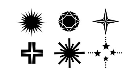 This vector set shows six vintage star shapes with varied symmetrical patterns and black silhouettes, perfect for retro or celestial themed designs. Classic mood.のイラスト素材
