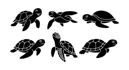 This vector illustration shows six black silhouette sea turtles in various poses swimming in different directions. Playful and simple mood.のイラスト素材