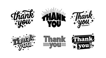 Vector typography set featuring various thank you hand lettering styles with decorative stars and vintage flair in black and white, joyful mood.のイラスト素材