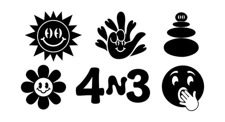 Vector illustration features smiling sun, flower, hand, zen stones, and playful numbers in black and white. Cheerful and simple mood.のイラスト素材