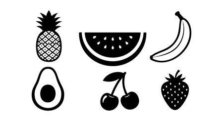 Vector illustration displays black tropical fruit icons including pineapple, watermelon, banana, avocado, cherry, and strawberry in simple style. Clean and minimal.のイラスト素材