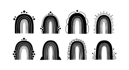 This vector features abstract black and white rainbow shapes with various decorative dots and lines in a minimalist style, creating a calm mood.のイラスト素材