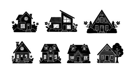 This vector illustration shows seven different residential house silhouettes with garden plants and trees in black, creating a calm and cozy mood.のイラスト素材