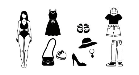 Vector illustration shows female and male clothing items and accessories in black and white, simple style, clean and clear design, minimalistic mood.のイラスト素材